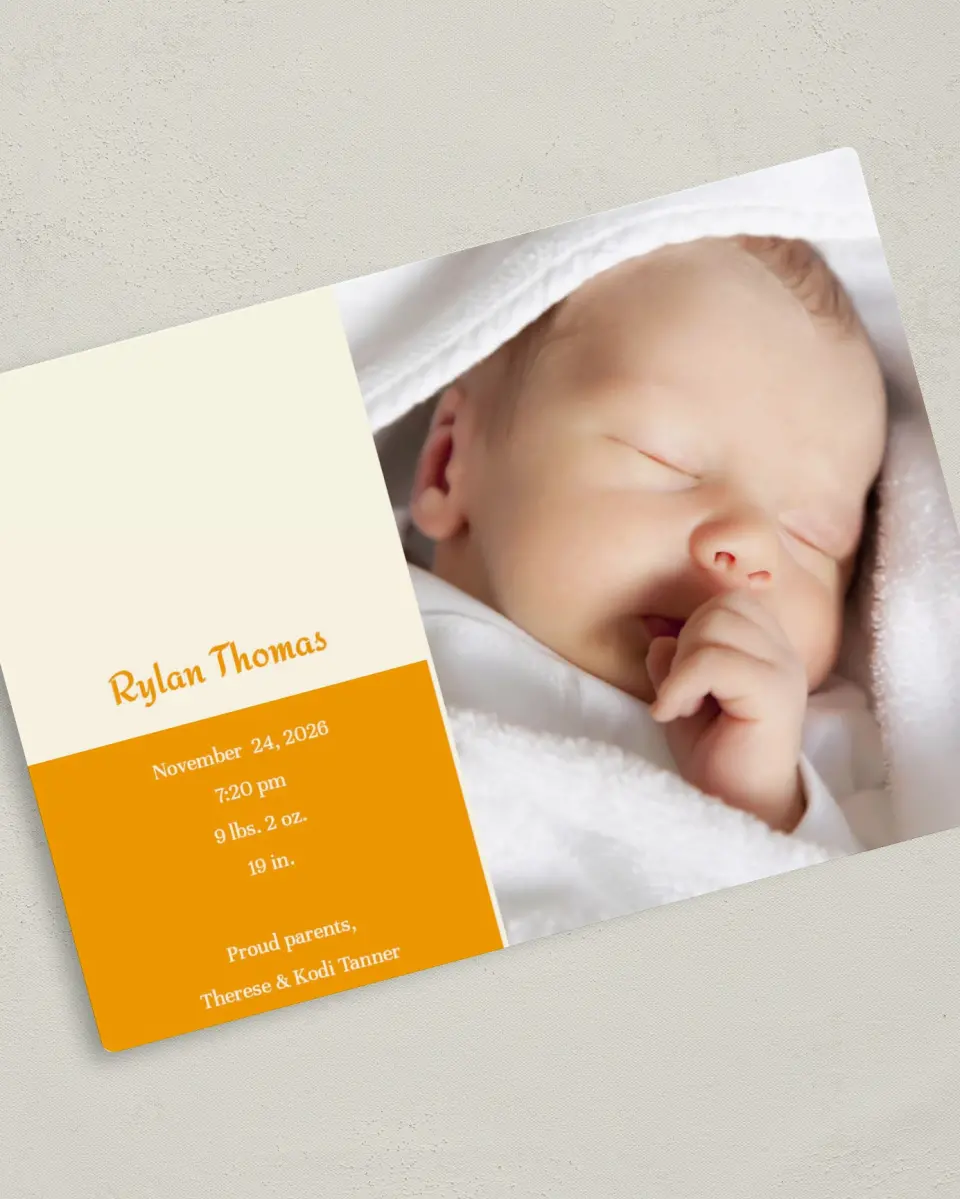 This is a 5" x 7" Birth Announcement Magnet called Vroom, Vroom printed in full color with a Luxe Satin finish
