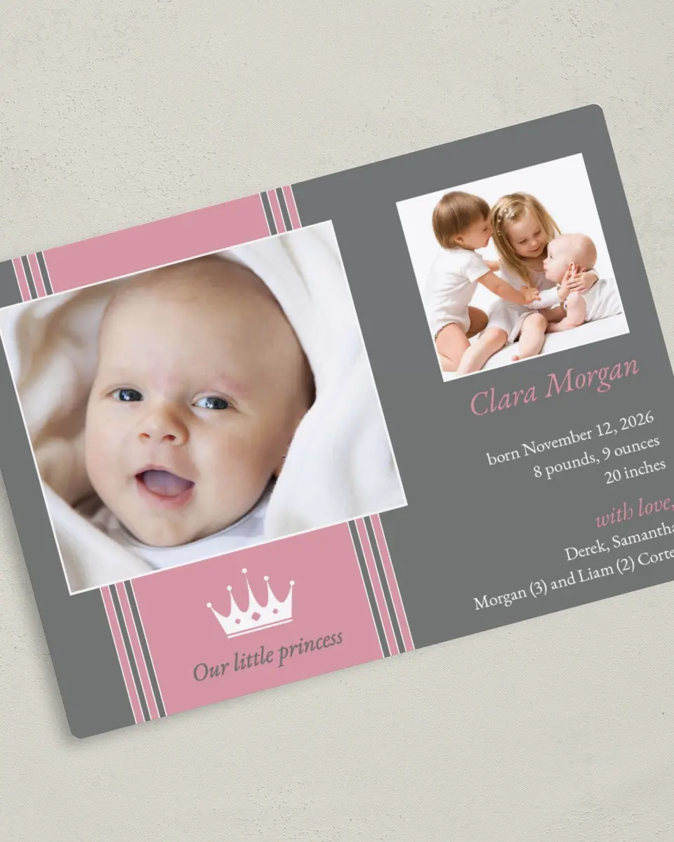 This is a 5" x 7" Birth Announcement Magnet called Our Little Princess printed in full color with a Luxe Satin finish