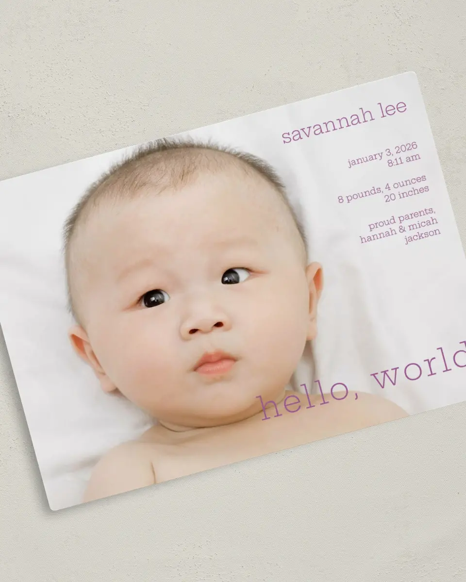 This is a 5" x 7" Birth Announcement Magnet called Hello, World printed in full color with a Luxe Satin finish