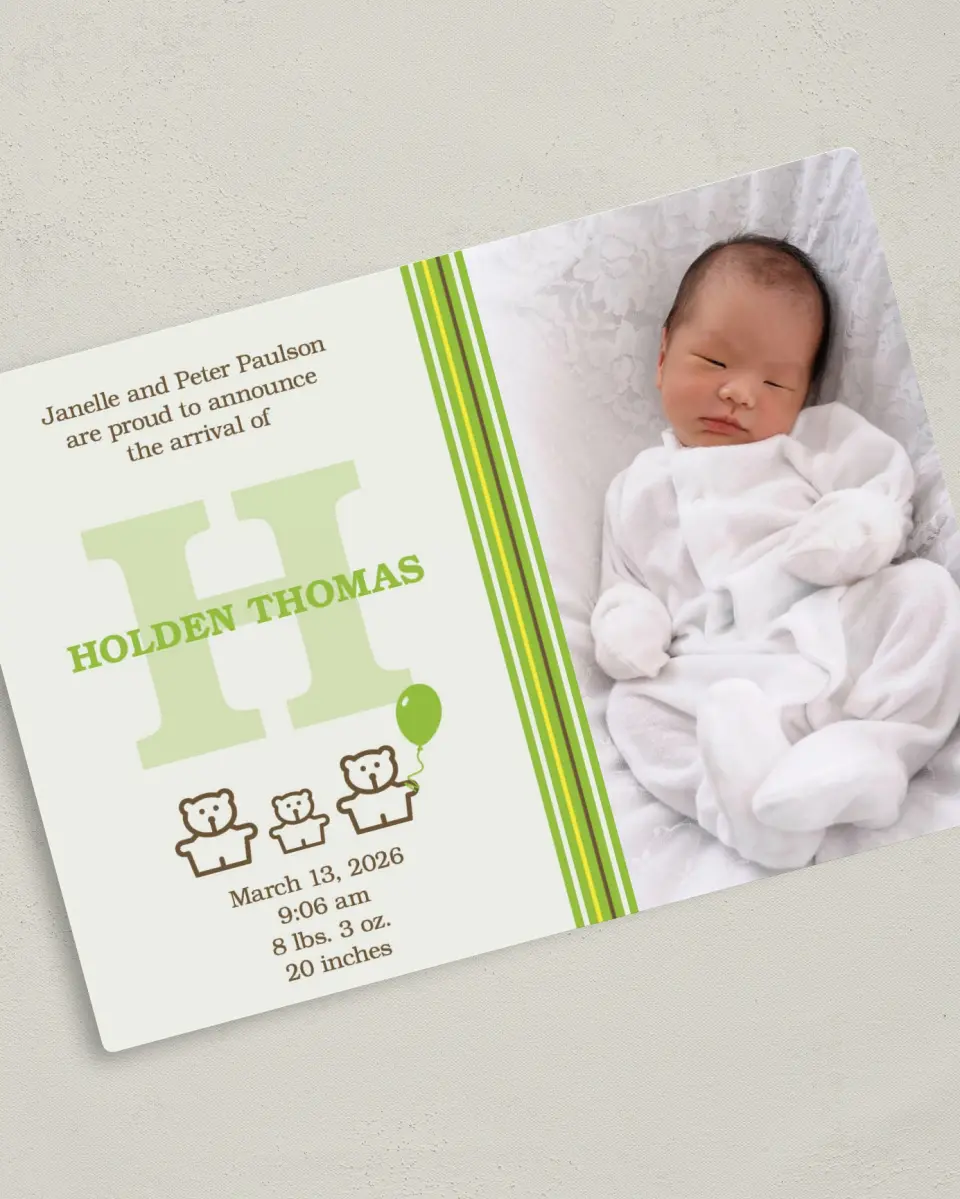 This is a 5" x 7" Birth Announcement Magnet called Three Little Bears printed in full color with a Luxe Satin finish