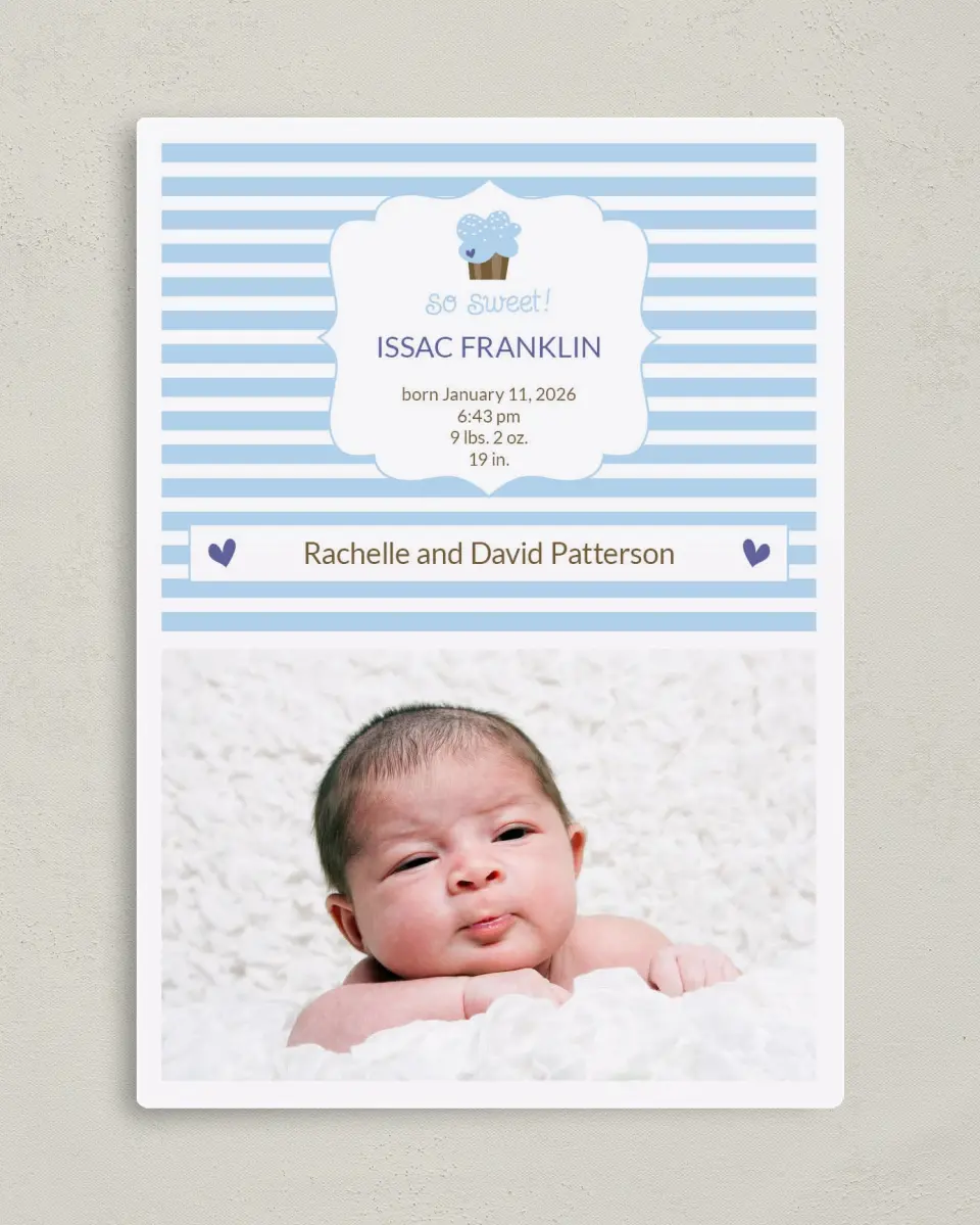This is a 5" x 7" Birth Announcement Magnet called So Sweet printed in full color with a Luxe Satin finish