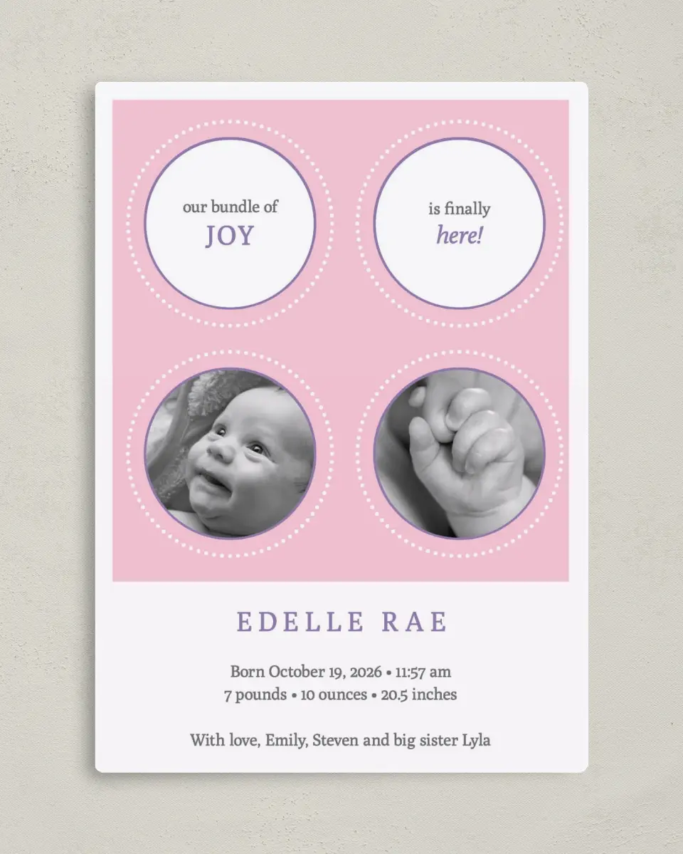 This is a 5" x 7" Birth Announcement Magnet called Bundle of Joy printed in full color with a Luxe Satin finish