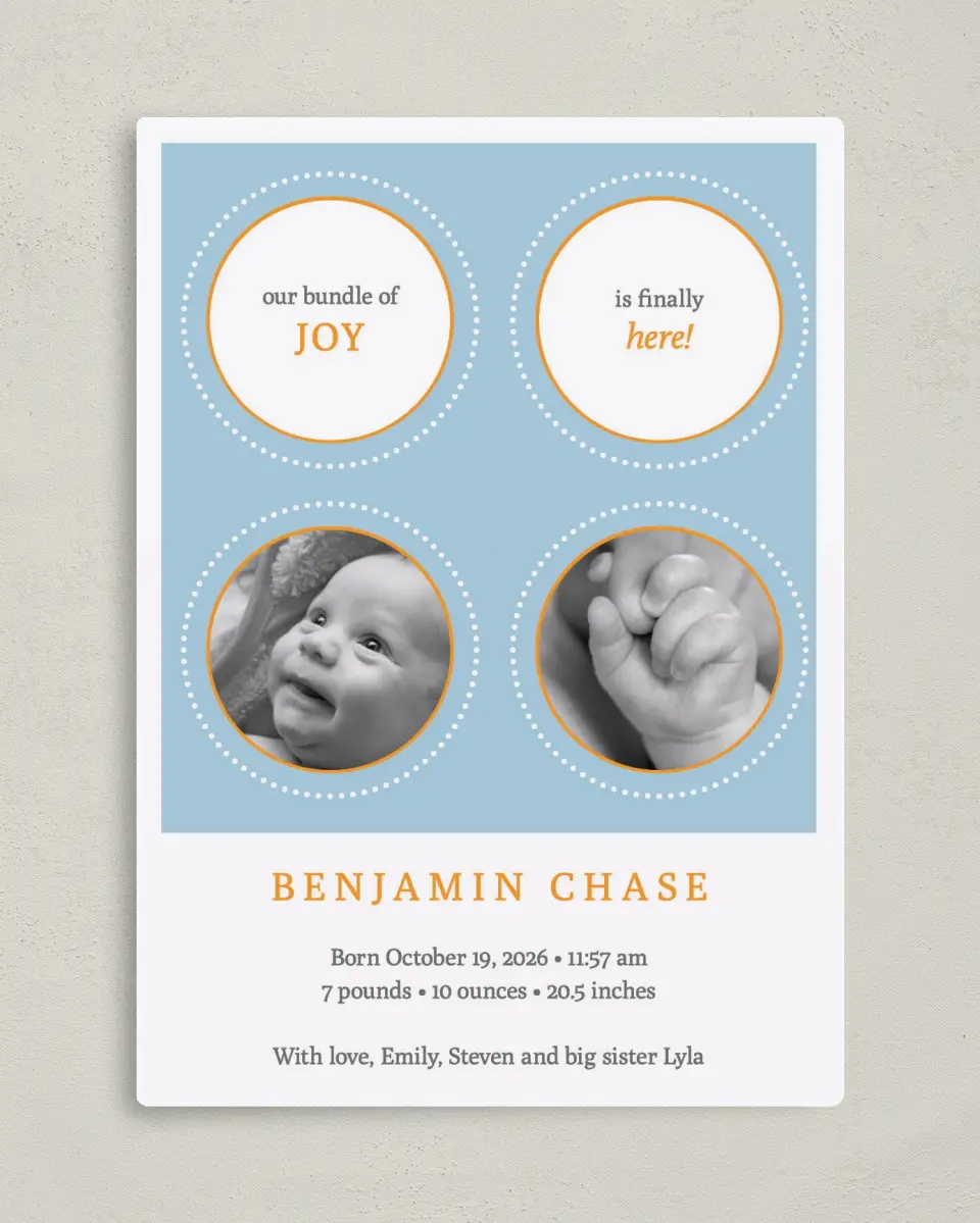 This is a 5" x 7" Birth Announcement Magnet called Bundle of Joy printed in full color with a Luxe Satin finish