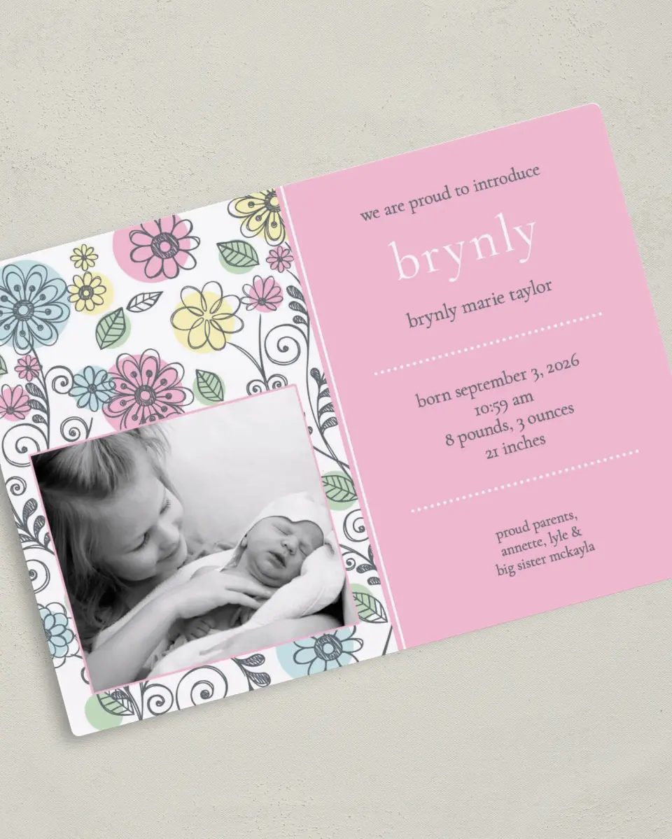 This is a 5" x 7" Birth Announcement Magnet called Floral Sketch printed in full color with a Luxe Satin finish