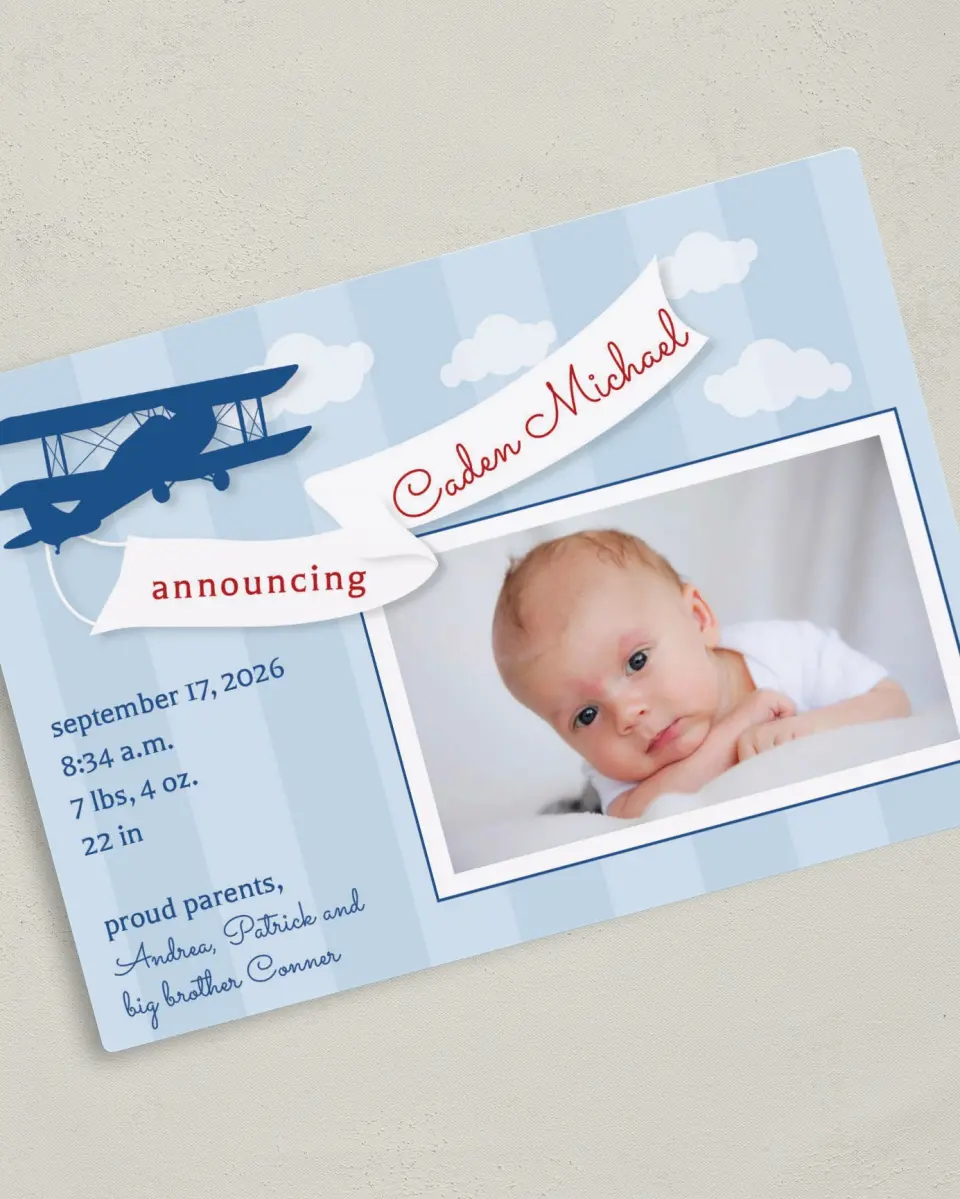 This is a 5" x 7" Birth Announcement Magnet called Aerial Banner printed in full color with a Luxe Satin finish