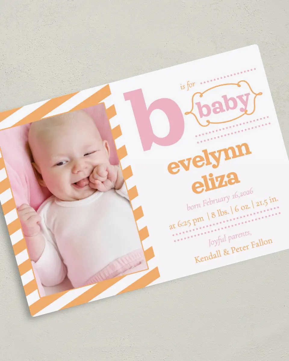 This is a 5" x 7" Birth Announcement Magnet called B for Baby printed in full color with a Luxe Satin finish