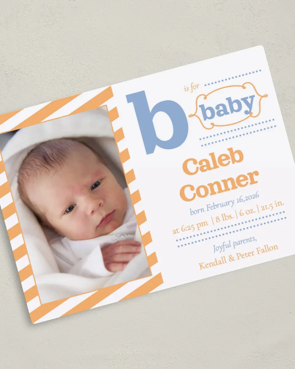 This is a 5" x 7" Birth Announcement Magnet called B for Baby printed in full color with a Luxe Satin finish