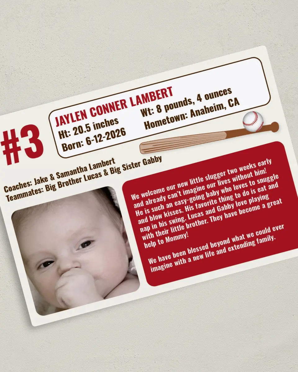 This is a 5" x 7" Birth Announcement Magnet called Sweet Little Slugger printed in full color with a Luxe Satin finish