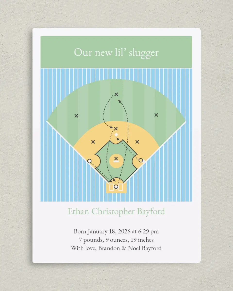 This is a 5" x 7" Birth Announcement Magnet called Child's Play printed in full color with a Luxe Satin finish