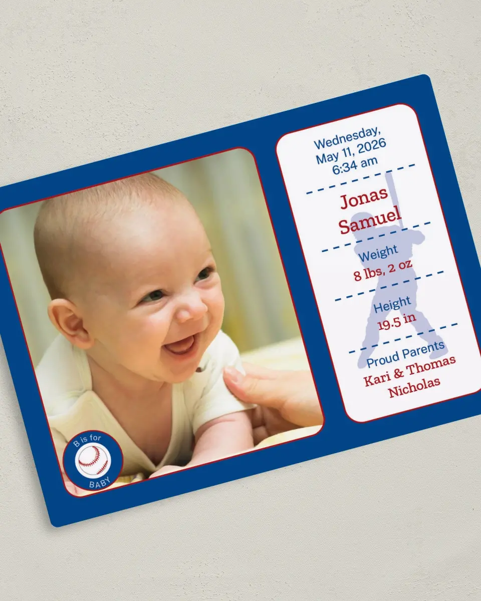 This is a 5" x 7" Birth Announcement Magnet called Baby Bio printed in full color with a Luxe Satin finish