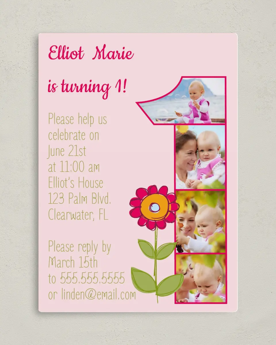 This is a 5" x 7" Birthday Party Invitation called Baby's First Blossom printed in full color with a Luxe Satin finish