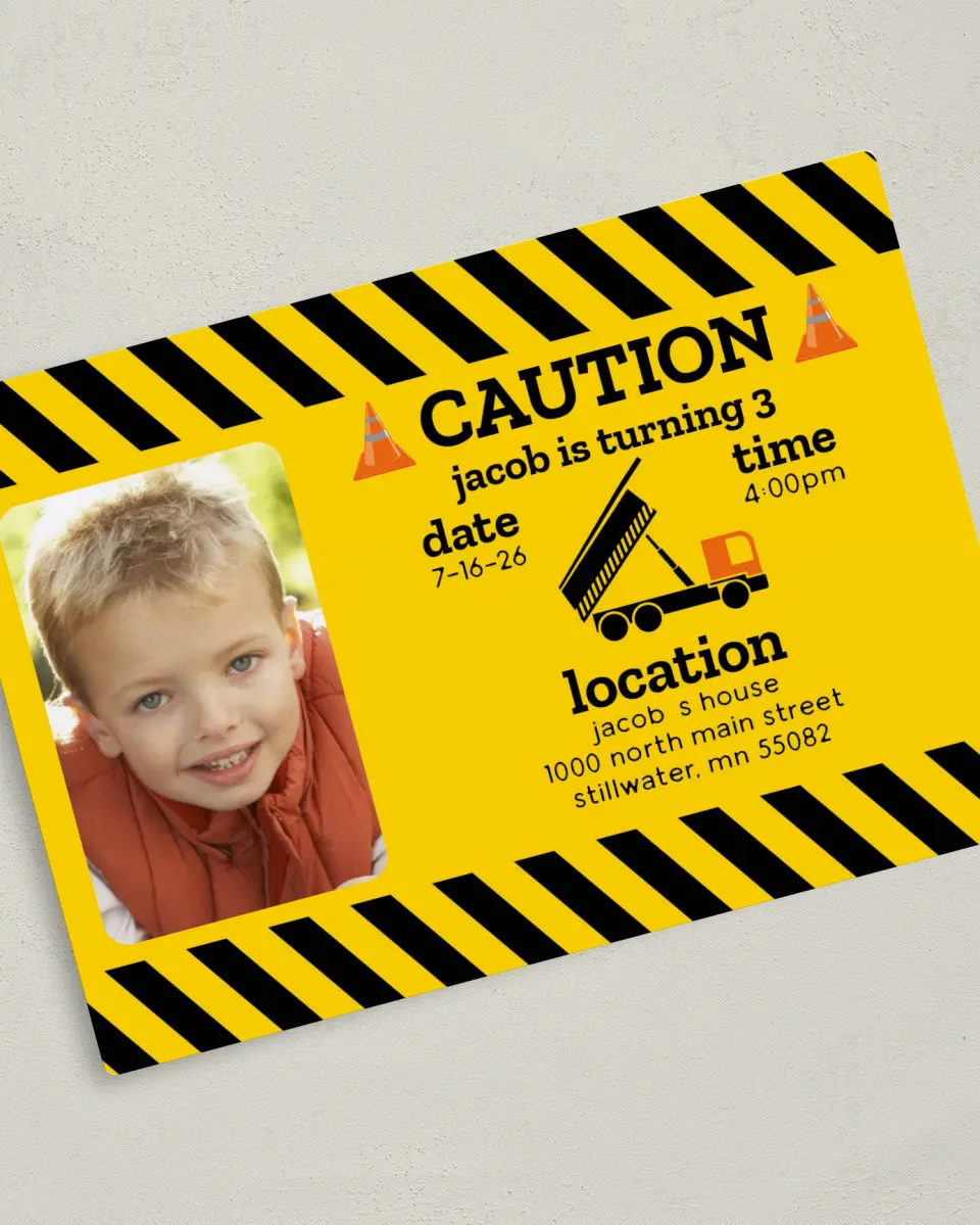 This is a 5" x 7" Birthday Party Invitation called Construction Zone Cutie printed in full color with a Luxe Satin finish