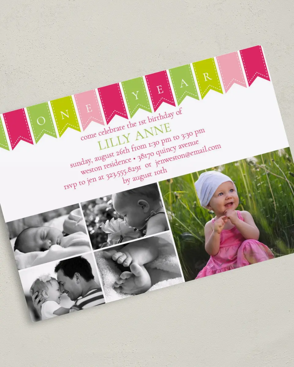 This is a 5" x 7" Birthday Party Invitation called Sweetly Sewn Ribbons printed in full color with a Luxe Satin finish