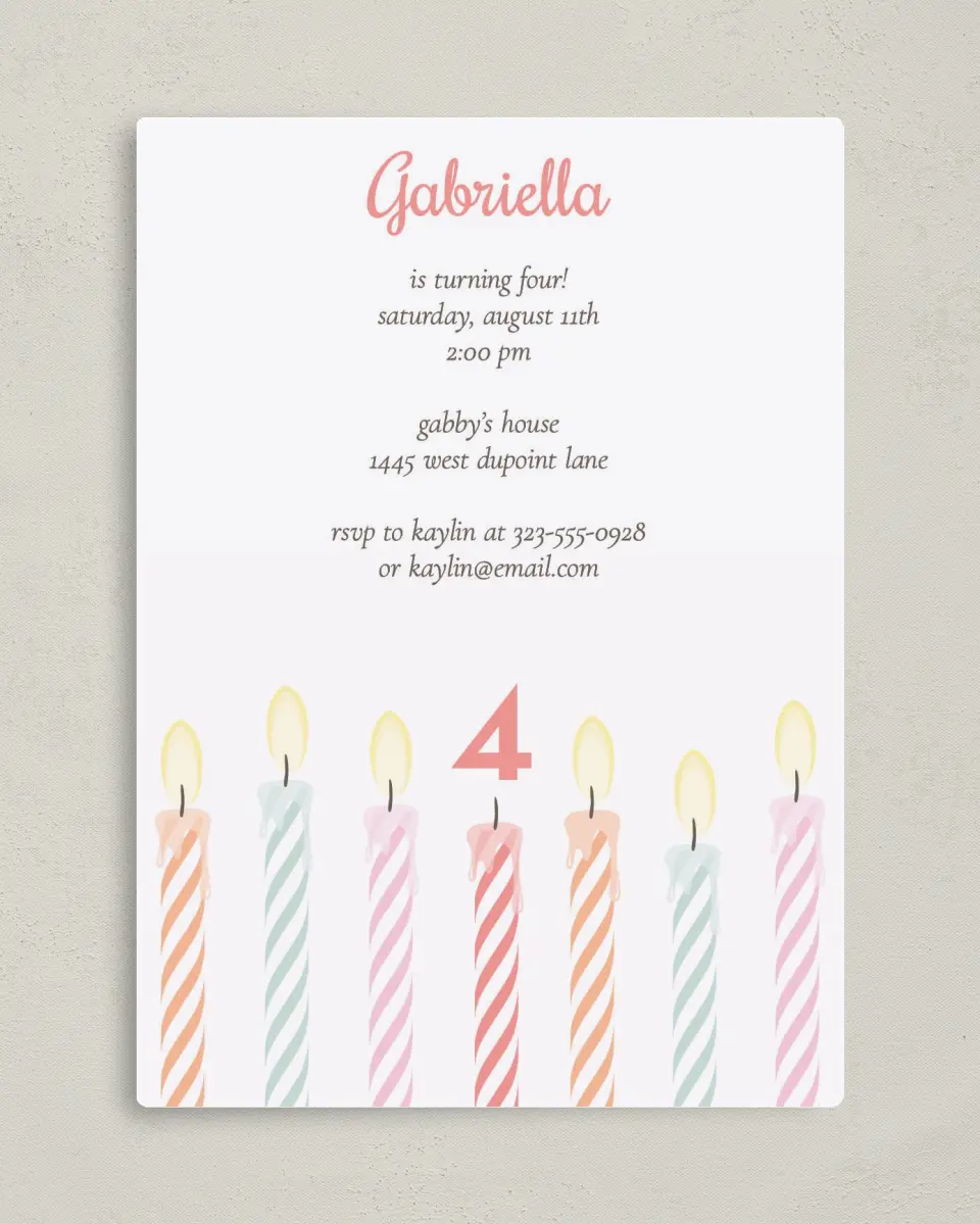 This is a 5" x 7" Birthday Party Invitation called Charming Birthday Candles printed in full color with a Luxe Satin finish