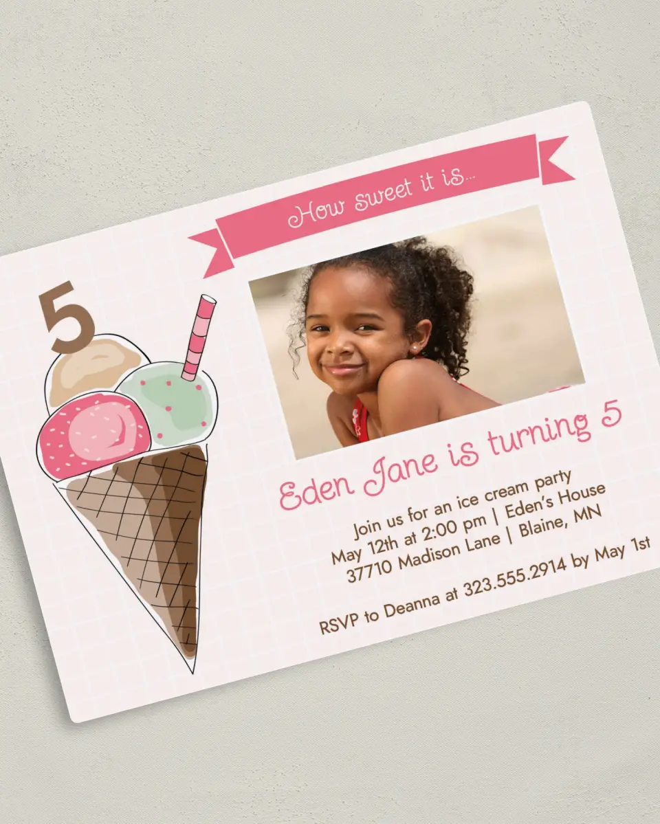 This is a 5" x 7" Birthday Party Invitation called Ice Cream Social printed in full color with a Luxe Satin finish