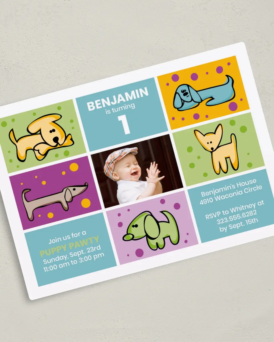This is a 5" x 7" Birthday Party Invitation called Puppy Pawty printed in full color with a Luxe Satin finish