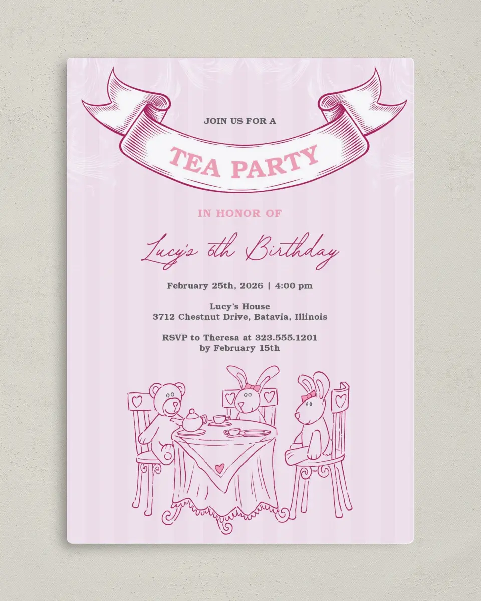 This is a 5" x 7" Birthday Party Invitation called Darling Tea Party printed in full color with a Luxe Satin finish
