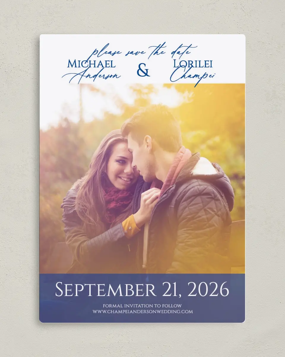 This is a 5" x 7" Save the Date Magnet called Classic Kiss printed in full color with a Luxe Satin finish