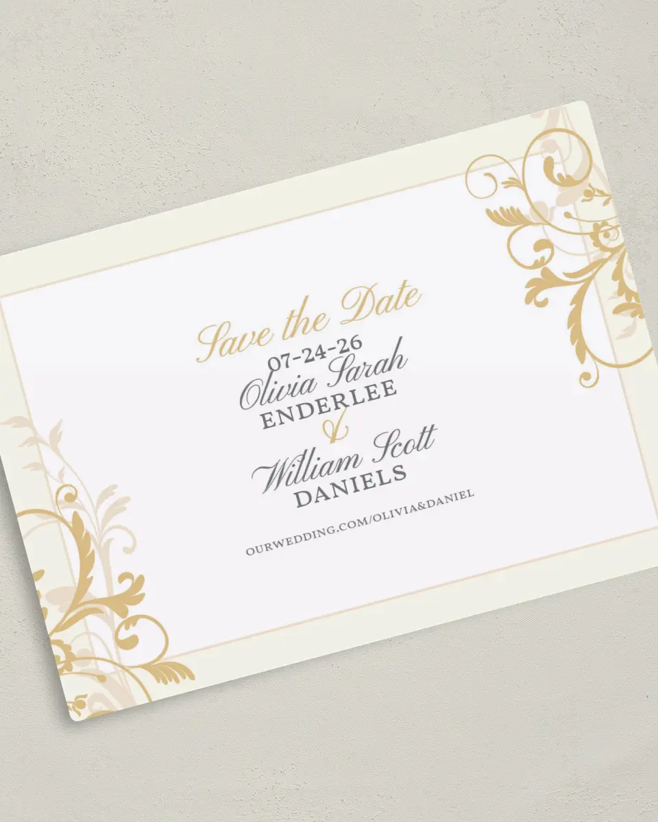 This is a 5" x 7" Save the Date Magnet called Classic Allure printed in full color with a Luxe Satin finish