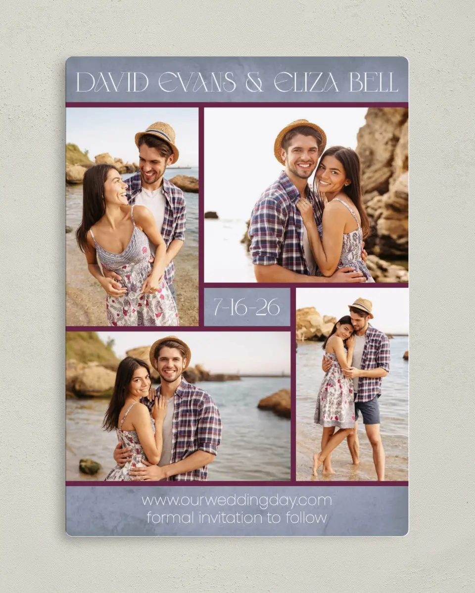 This is a 5" x 7" Save the Date Magnet called Fetching Frames printed in full color with a Luxe Satin finish