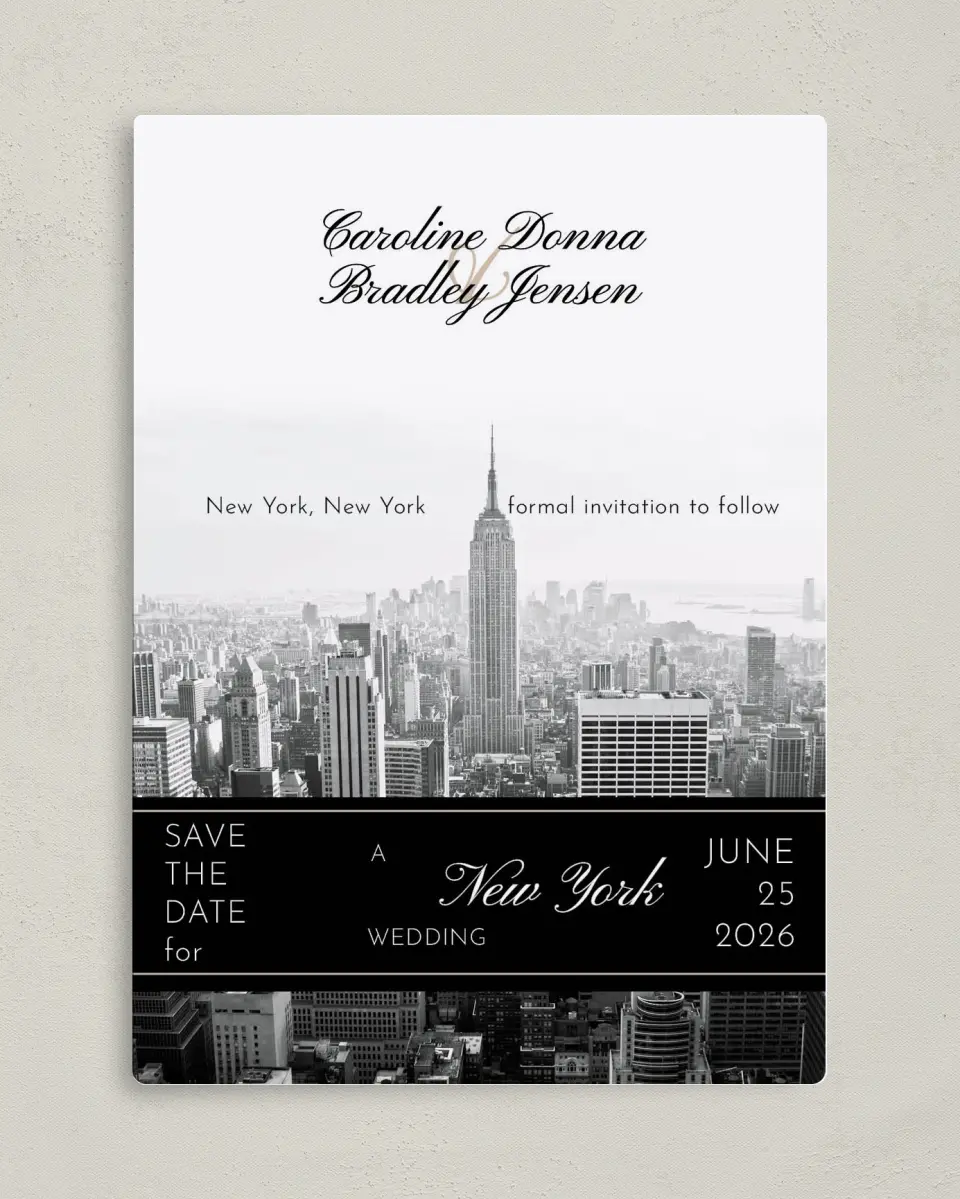 This is a 5" x 7" Save the Date Magnet called Classic New York printed in full color with a Luxe Satin finish