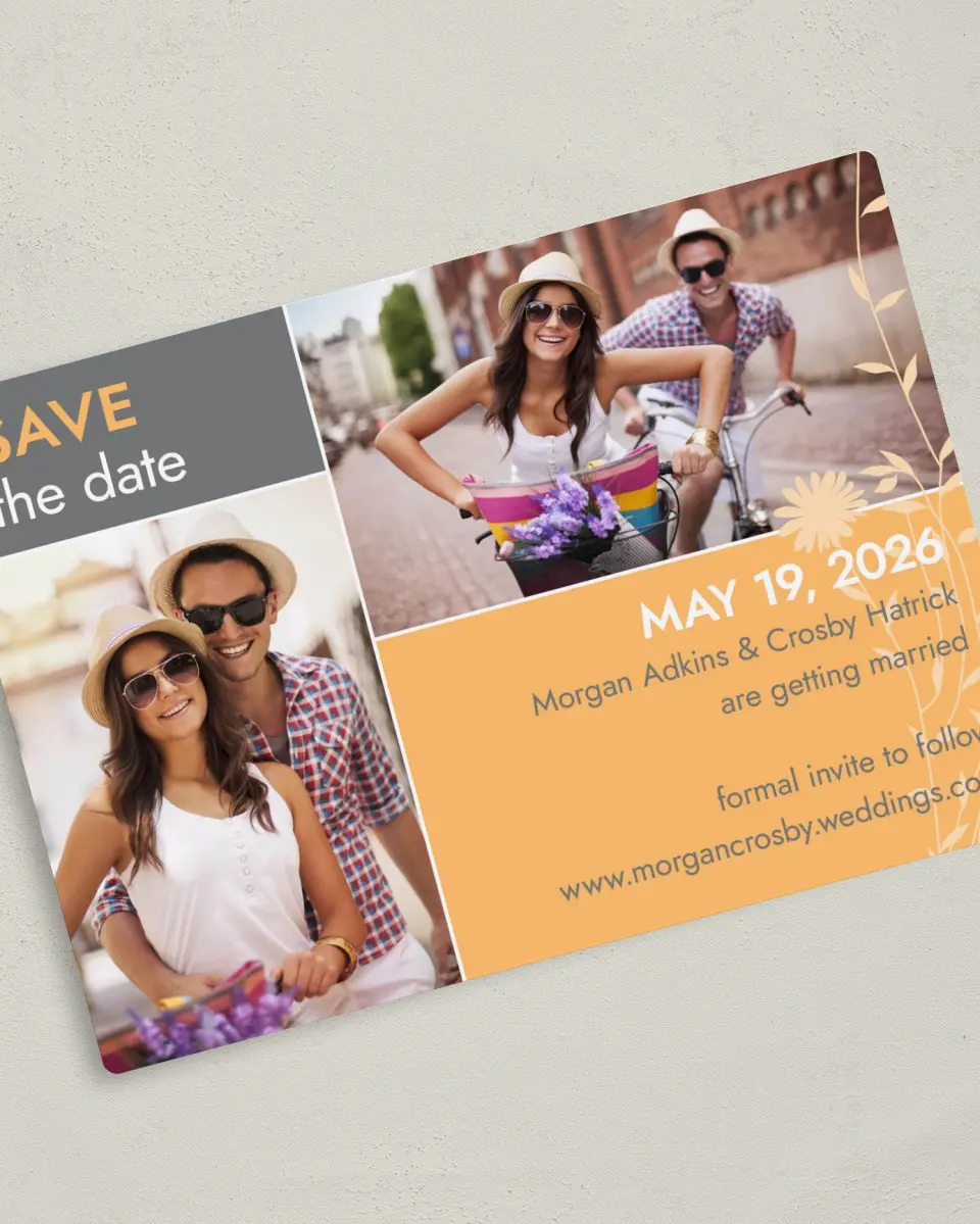 This is a 5" x 7" Save the Date Magnet called Field of Love printed in full color with a Luxe Satin finish