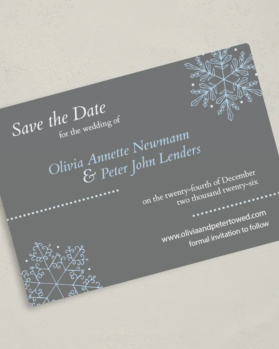 This is a 5" x 7" Save the Date Magnet called Seasonal Snowflake printed in full color with a Luxe Satin finish