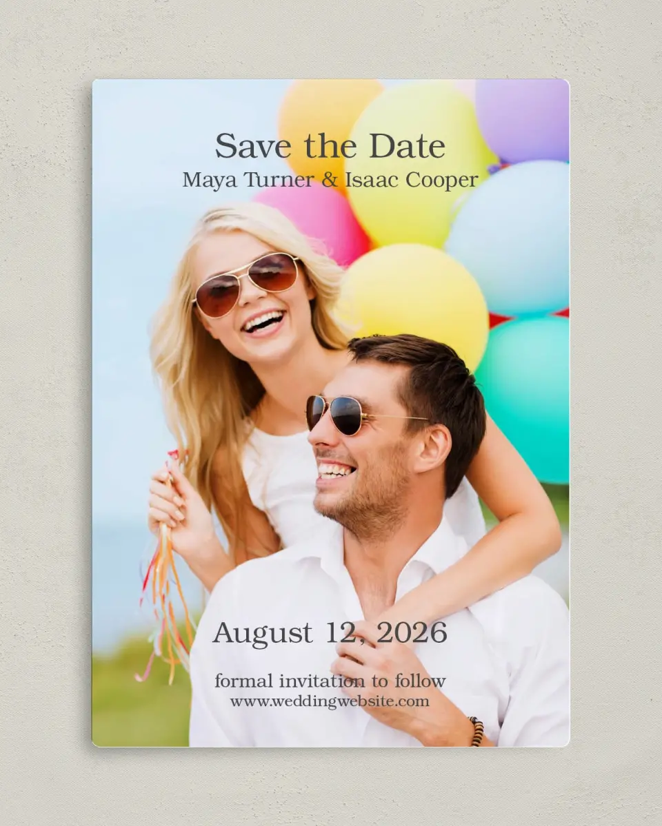 This is a 5" x 7" Save the Date Magnet called Full Photo printed in full color with a Luxe Satin finish