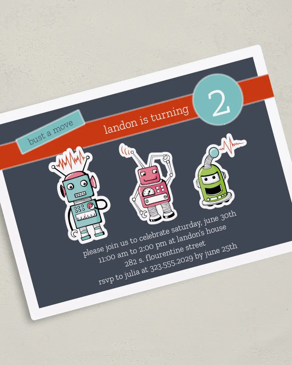 This is a 5" x 7" Birthday Party Invitation called Bust a Move printed in full color with a Luxe Satin finish