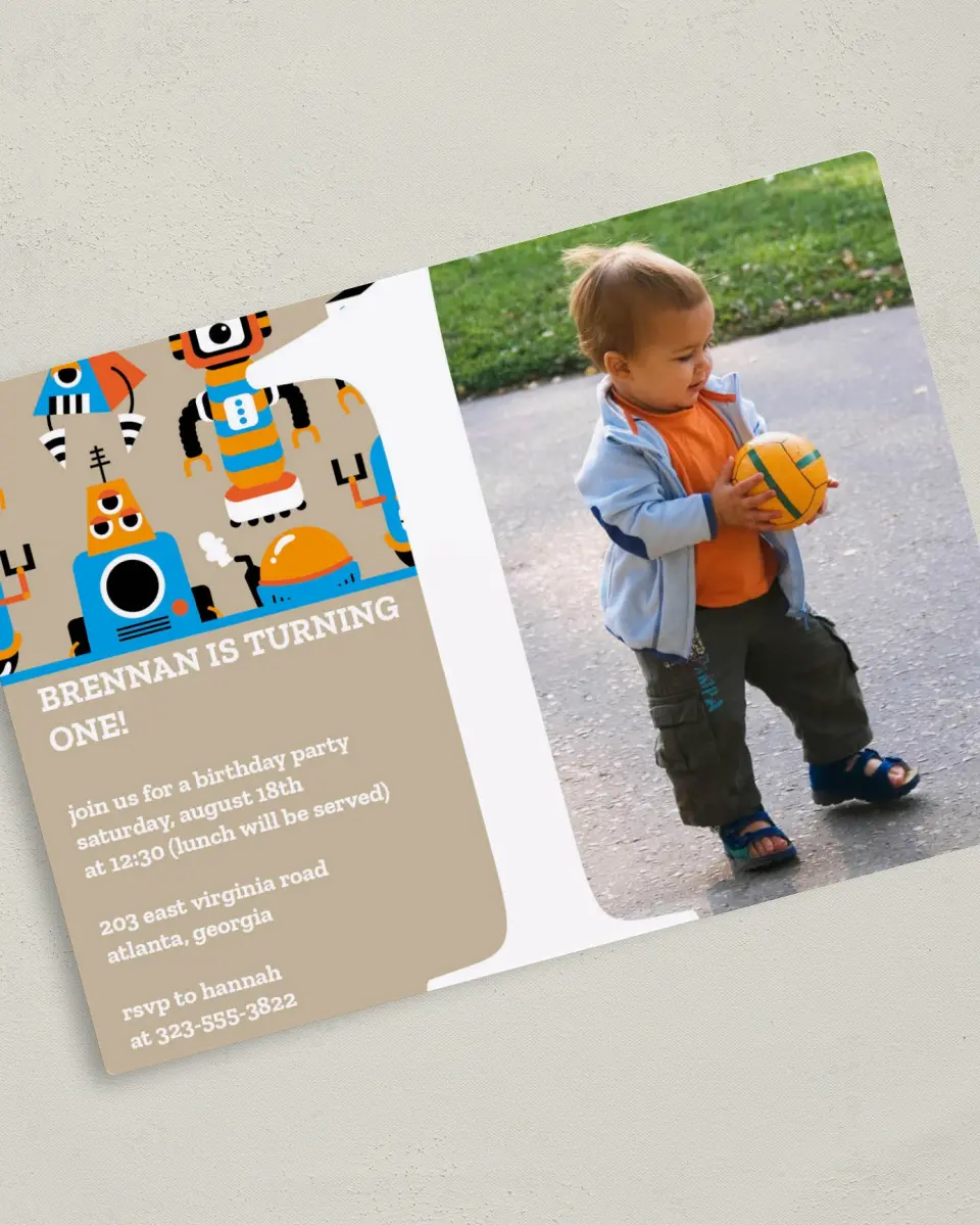 This is a 5" x 7" Birthday Party Invitation called My First Birthday printed in full color with a Luxe Satin finish