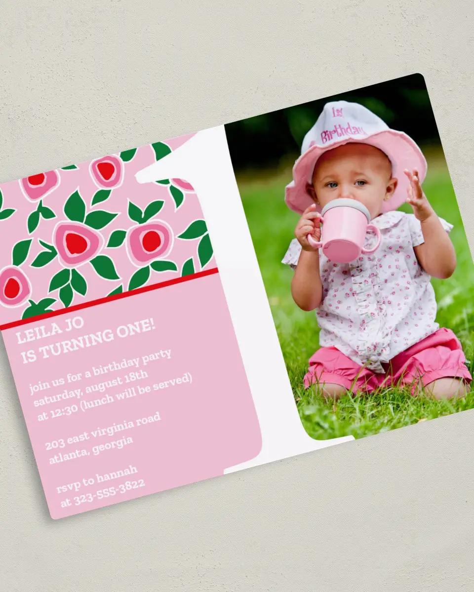 This is a 5" x 7" Birthday Party Invitation called Strawberries and Shortcakes printed in full color with a Luxe Satin finish