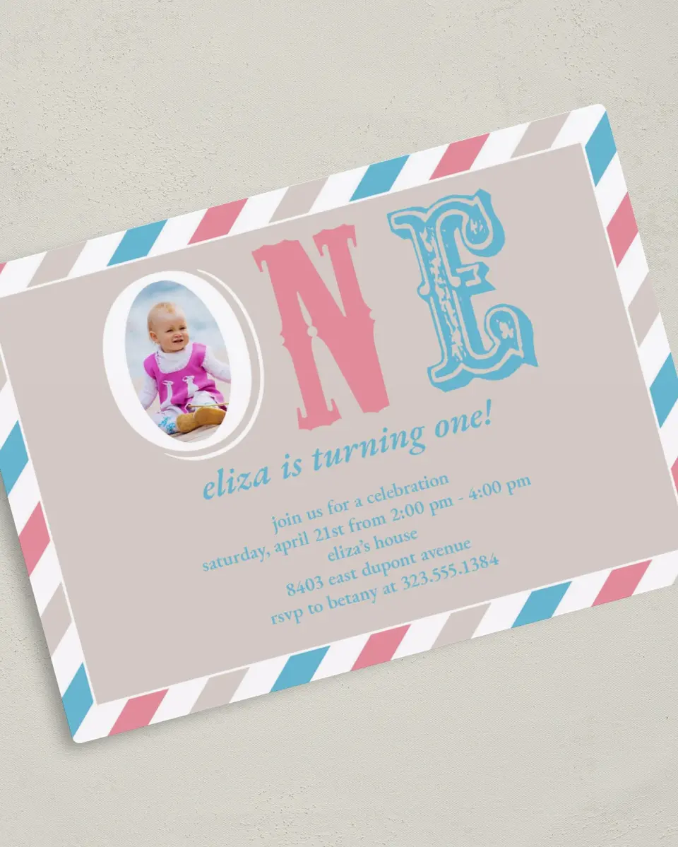 This is a 5" x 7" Birthday Party Invitation called Baby Turning One printed in full color with a Luxe Satin finish