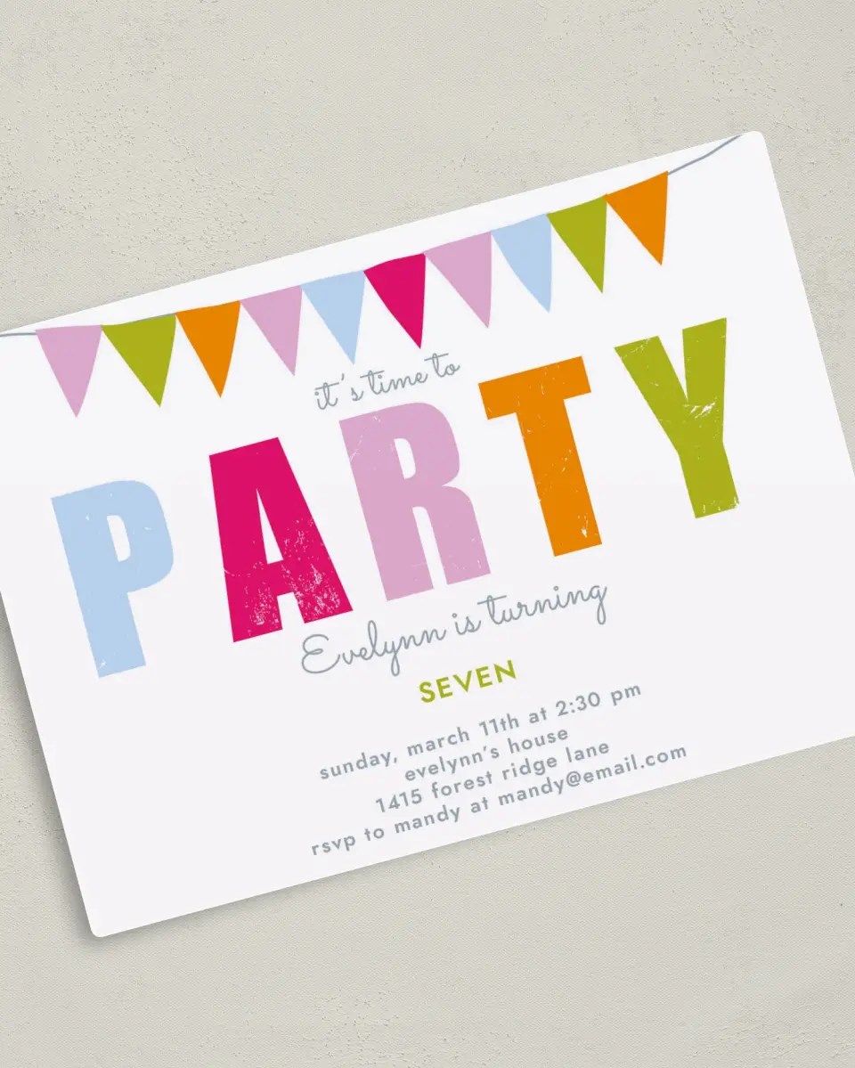 This is a 5" x 7" Birthday Party Invitation called Banners & Bunting printed in full color with a Luxe Satin finish
