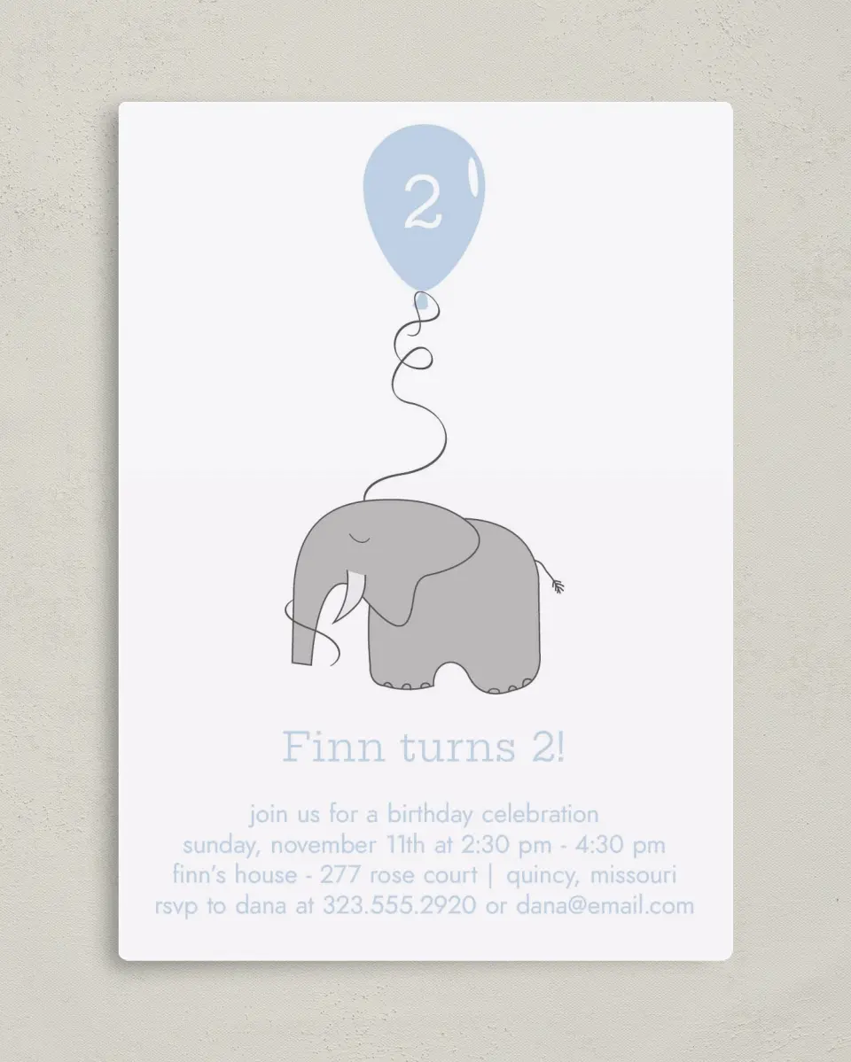 This is a 5" x 7" Birthday Party Invitation called Elephant Express printed in full color with a Luxe Satin finish