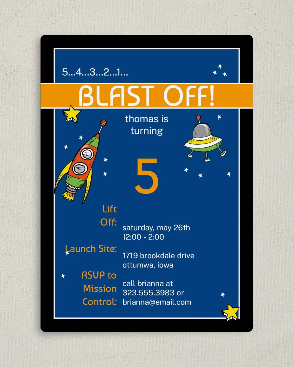 This is a 5" x 7" Birthday Party Invitation called Space Rockets & Saucers printed in full color with a Luxe Satin finish