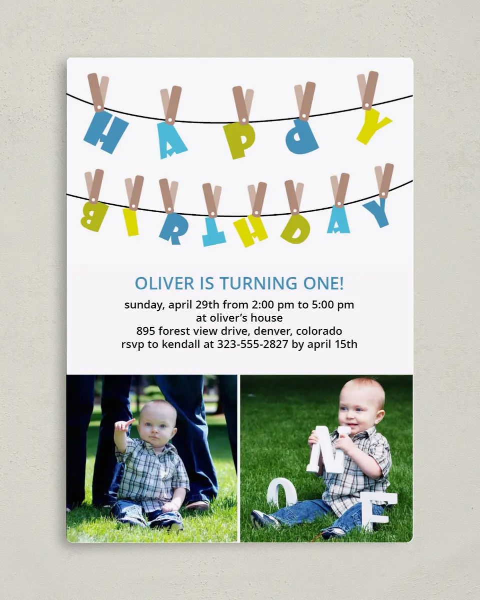 This is a 5" x 7" Birthday Party Invitation called Clothespin Birthday Tags printed in full color with a Luxe Satin finish