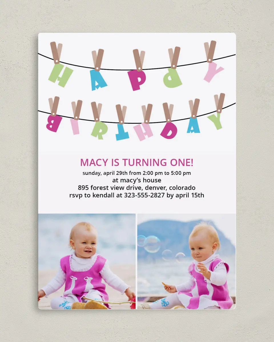 This is a 5" x 7" Birthday Party Invitation called Clothespin Cutie Pie printed in full color with a Luxe Satin finish