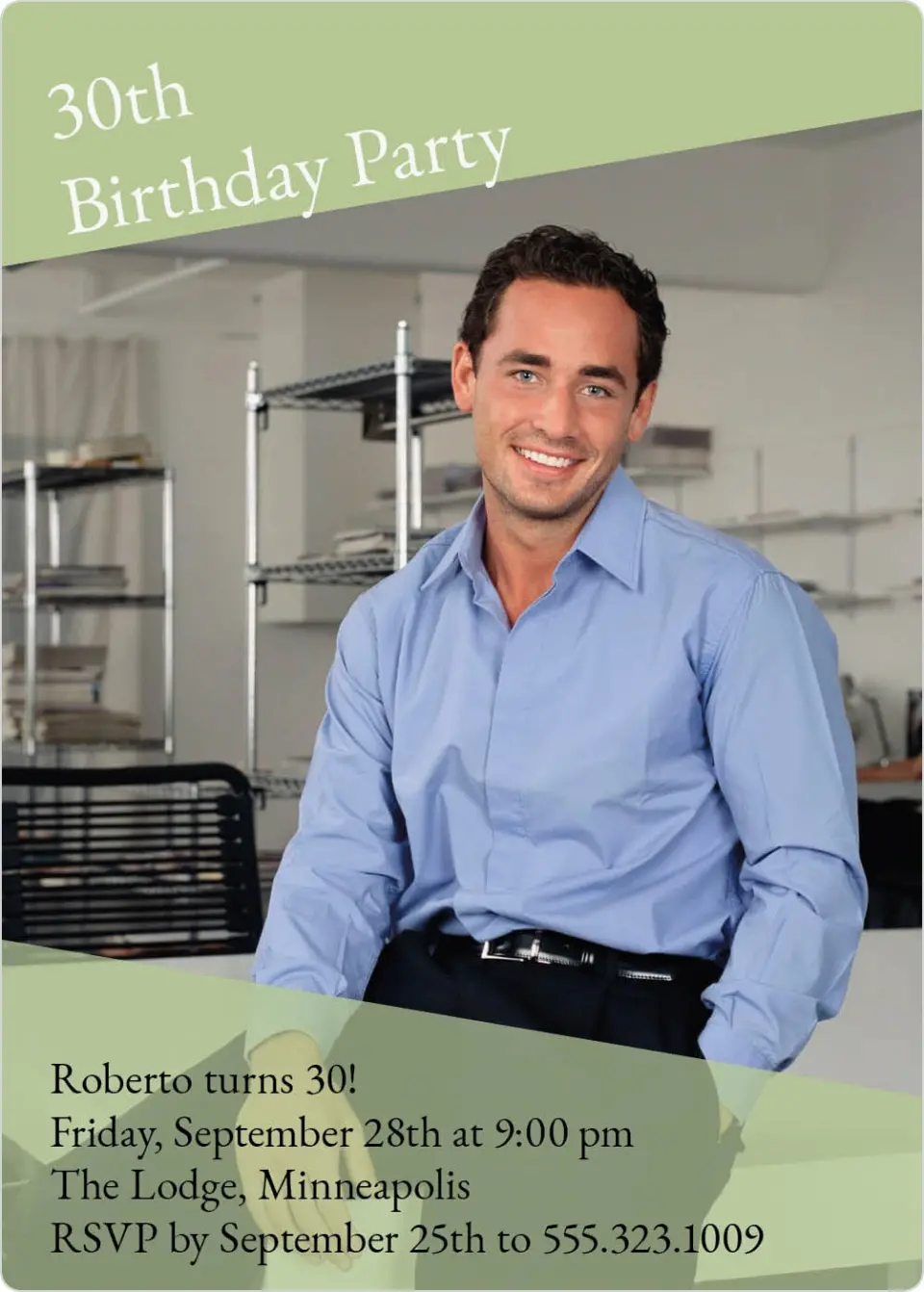 This is a 5" x 7" Birthday Party Invitation called Turning Thirty printed in full color with a Luxe Satin finish