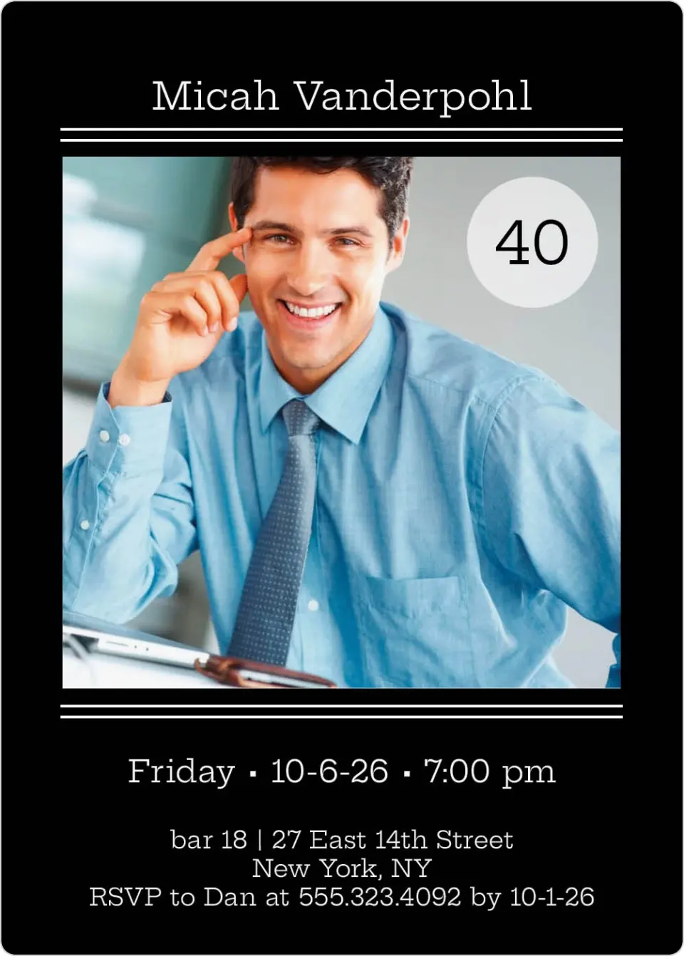 This is a 5" x 7" Birthday Party Invitation called Lordy, Look Who's 40! printed in full color with a Luxe Satin finish
