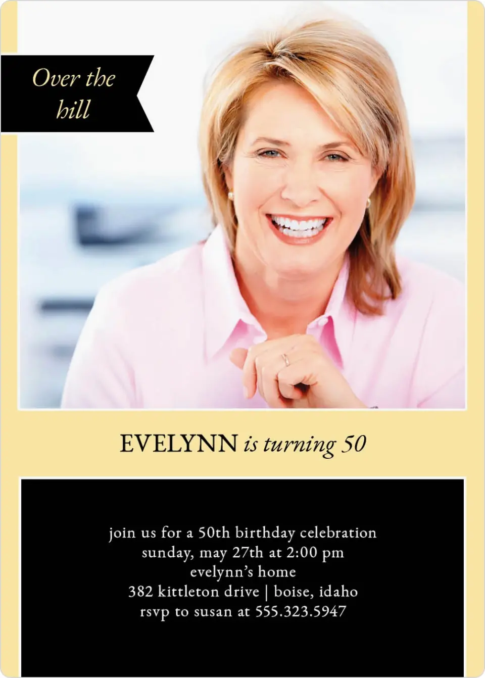 This is a 5" x 7" Birthday Party Invitation called 50 Years Young printed in full color with a Luxe Satin finish
