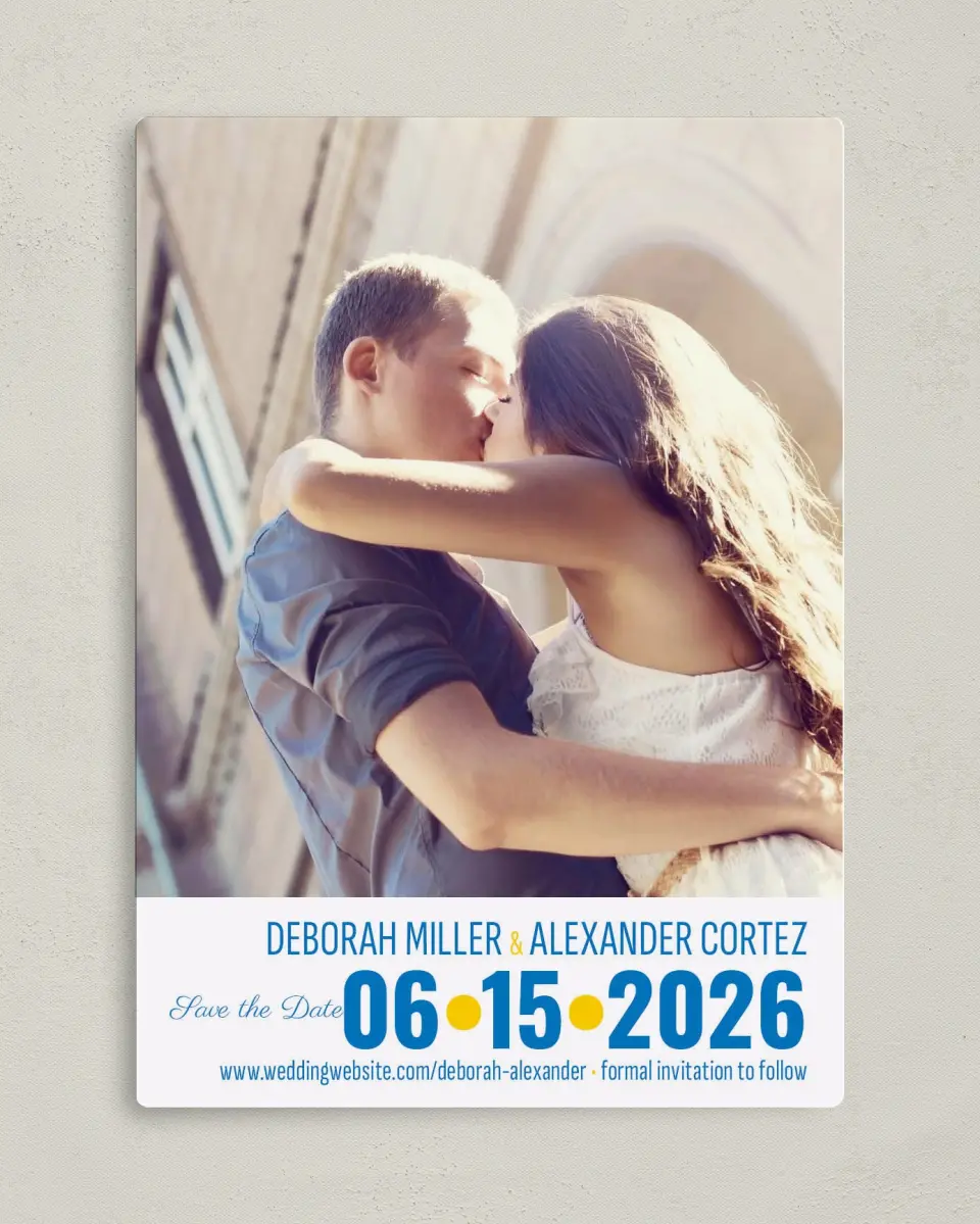 This is a 5" x 7" Save the Date Magnet called I Got You Babe! printed in full color with a Luxe Satin finish