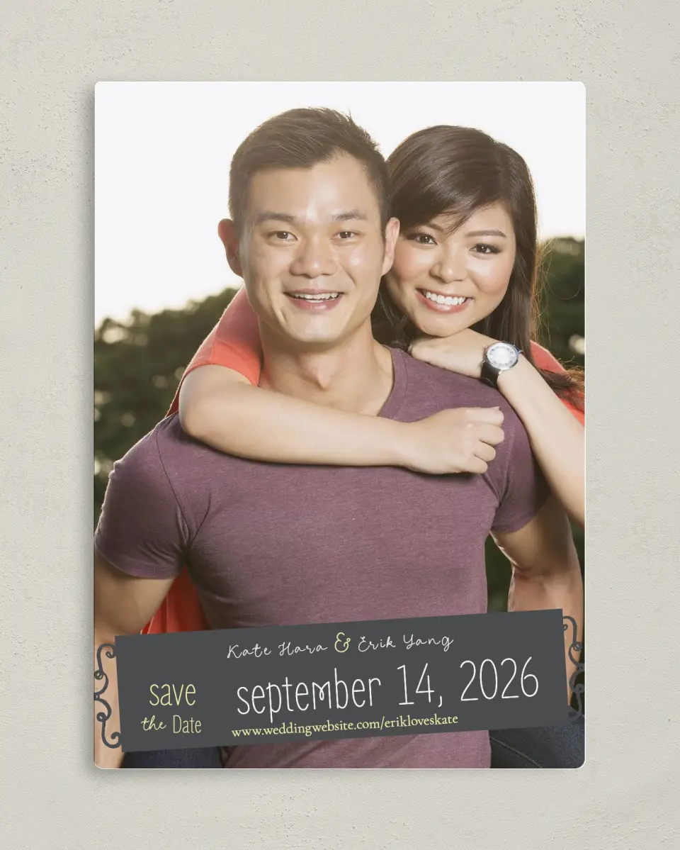 This is a 5" x 7" Save the Date Magnet called Chalk it up to Love printed in full color with a Luxe Satin finish