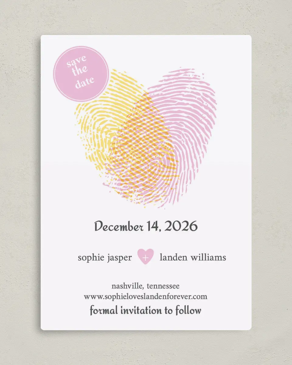 This is a 5" x 7" Save the Date Magnet called True Love's Thumbprint printed in full color with a Luxe Satin finish