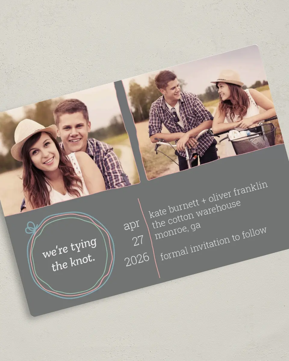 This is a 5" x 7" Save the Date Magnet called Simple Knot printed in full color with a Luxe Satin finish