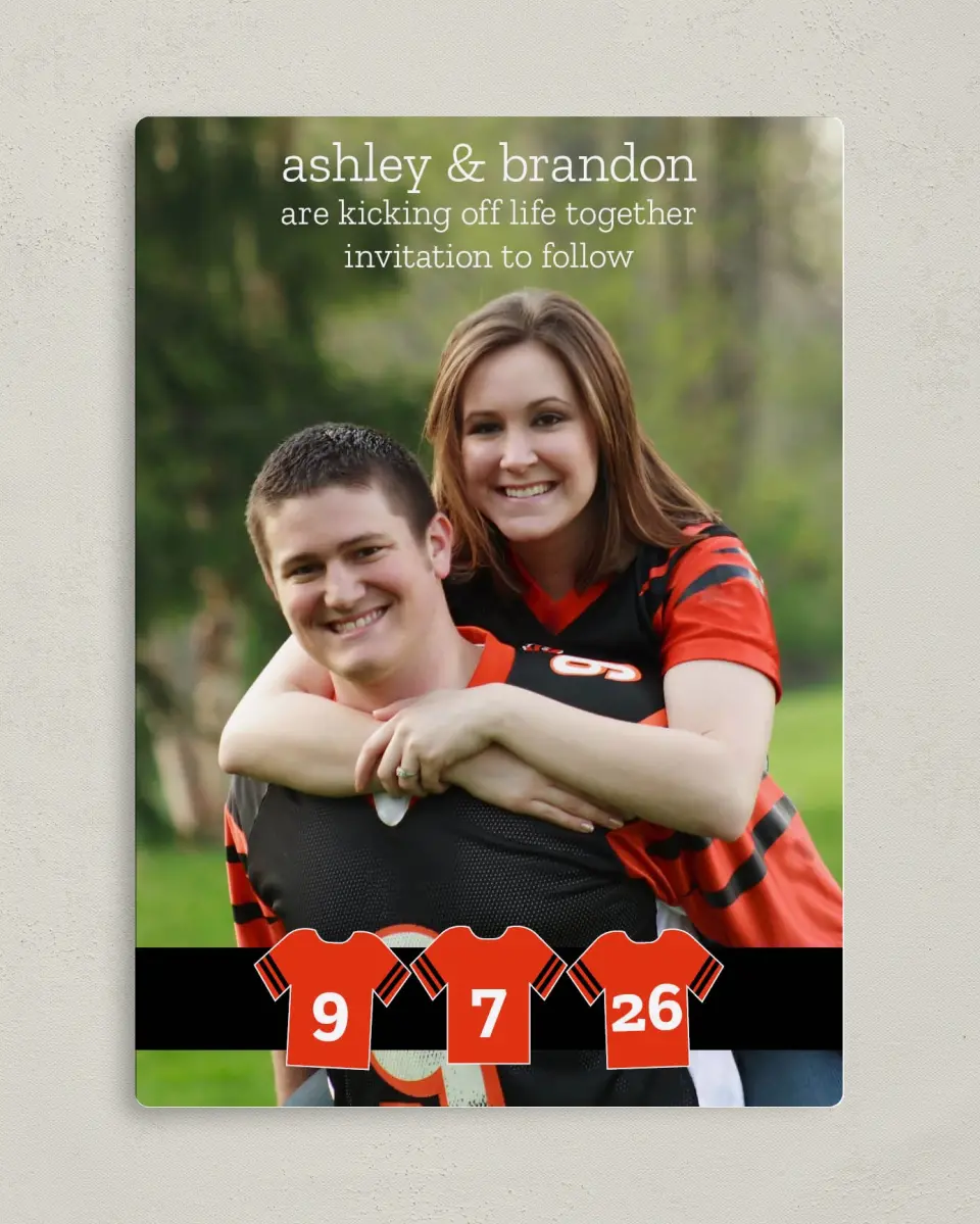 This is a 5" x 7" Save the Date Magnet called Jerseys printed in full color with a Luxe Satin finish
