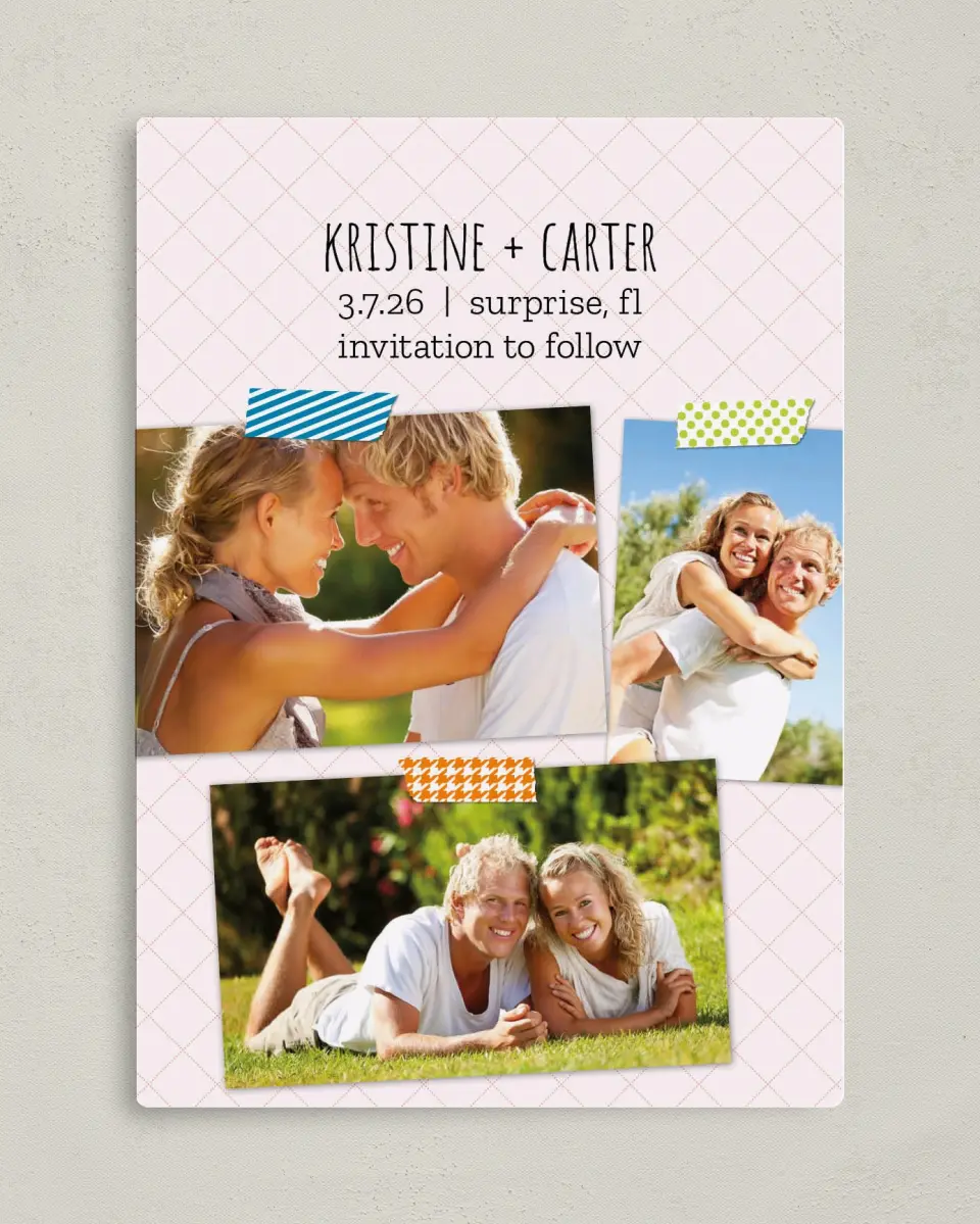 This is a 5" x 7" Save the Date Magnet called Washi Photo Collection printed in full color with a Luxe Satin finish