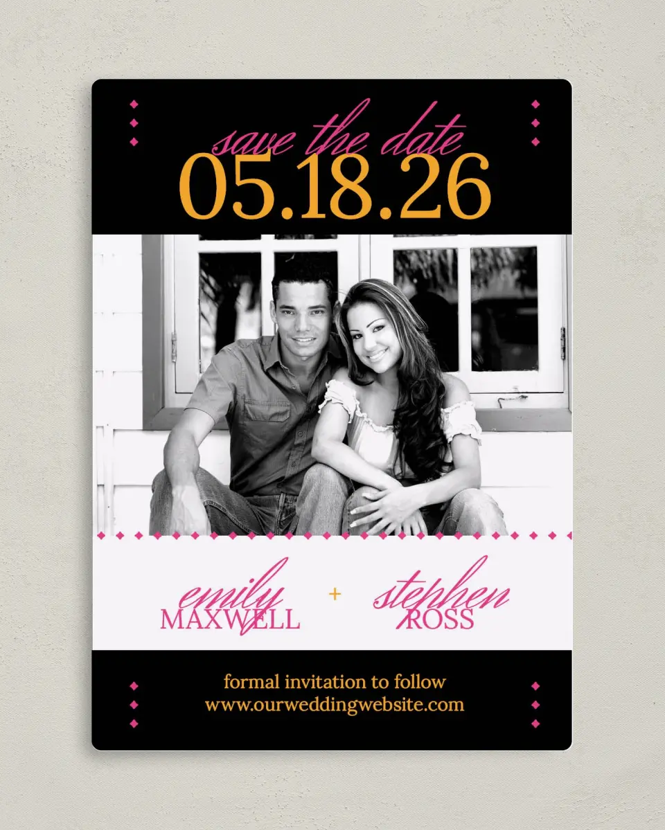This is a 5" x 7" Save the Date Magnet called Diamond Date printed in full color with a Luxe Satin finish