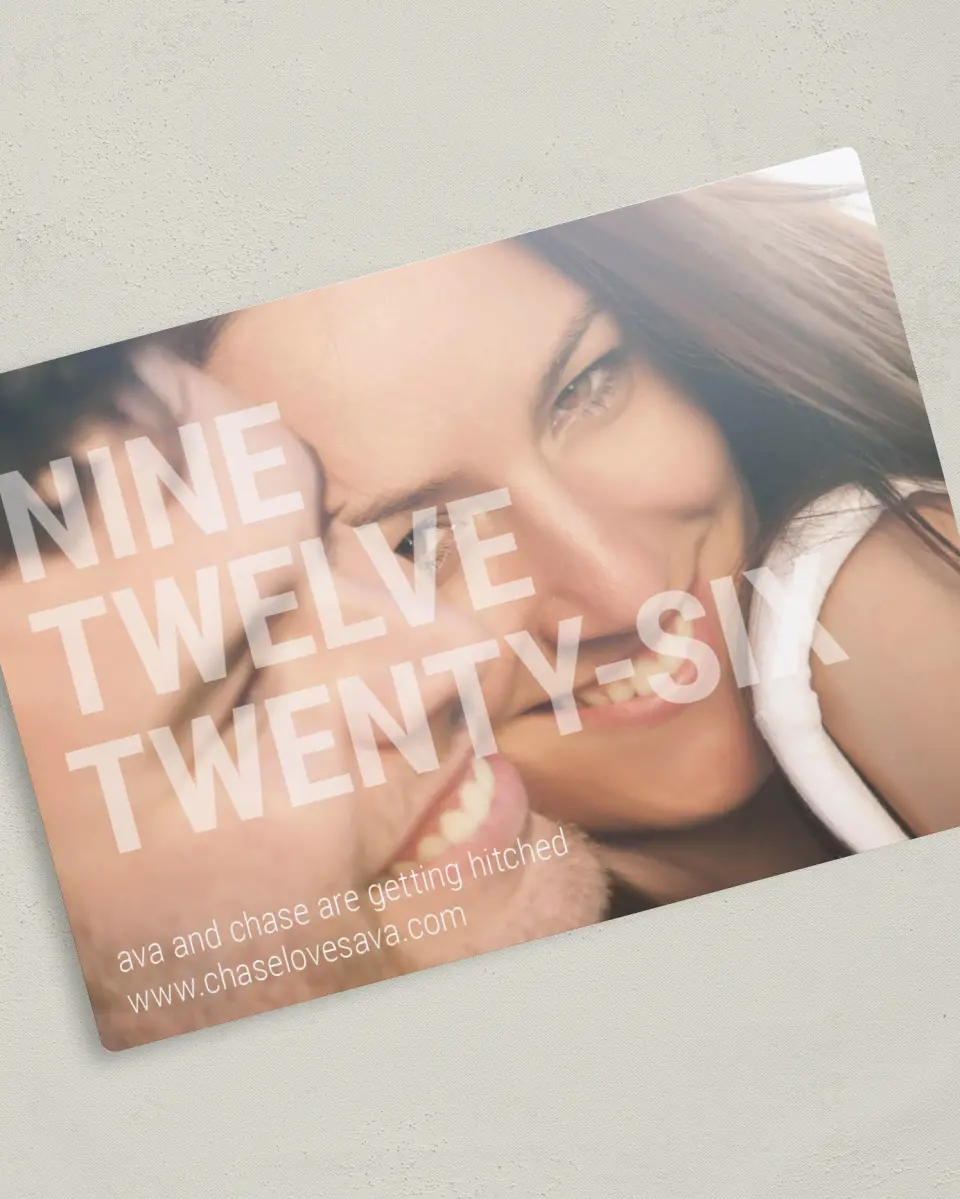 This is a 5" x 7" Save the Date Magnet called See Through Love printed in full color with a Luxe Satin finish