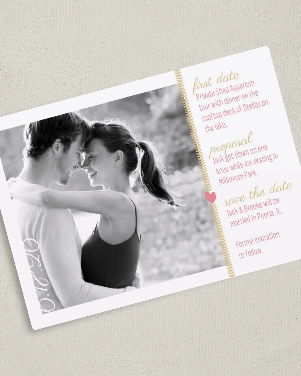 This is a 5" x 7" Save the Date Magnet called Story of Us printed in full color with a Luxe Satin finish
