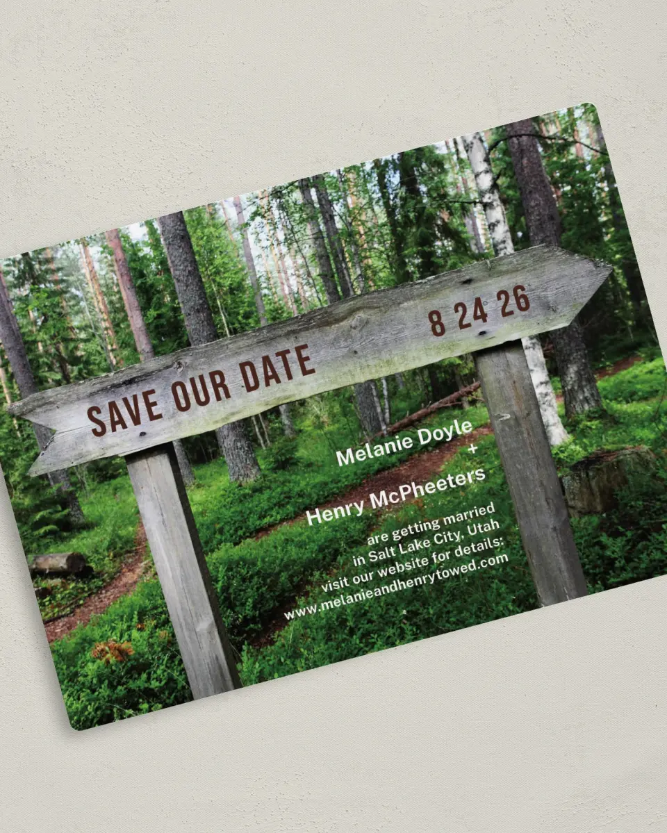 This is a 5" x 7" Save the Date Magnet called Wooden Sign printed in full color with a Luxe Satin finish
